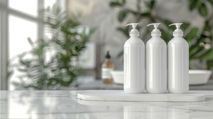 Three White Pump Bottles on a Marble Surface