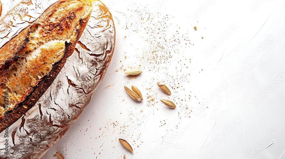 Poster a freshly baked loaf of bread made with wheat flour rests on a white background, with scattered grai