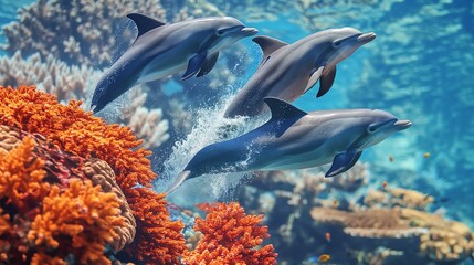 Fototapeta premium A group of playful dolphins leaping out of the water against a backdrop of a vibrant coral reef, highlighting the beauty of marine life.