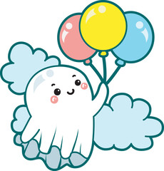 Illustration of cute white ghost icon.
Funny white ghost in activities stickers.
A cute white ghost flying with three balloons