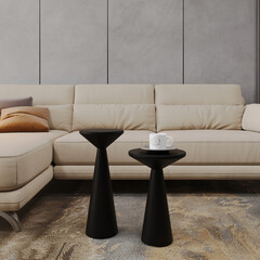  Render of wood mushroom coffee table in the living room