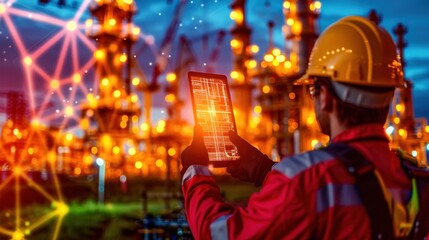 Fototapeta premium A worker in a safety helmet uses a tablet to monitor energy production in a modern facility at night with vibrant lighting.