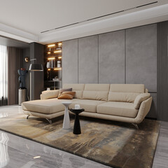  Render of wood mushroom coffee table in the living room