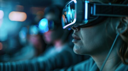 A group of individuals are engaged in a virtual reality experience, each wearing futuristic VR headsets and immersed in a digital environment with glowing blue lights.