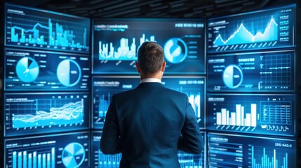 Businessman analyzing financial data on multiple interactive screens, depicting various financial graphs and statistics in a modern office.