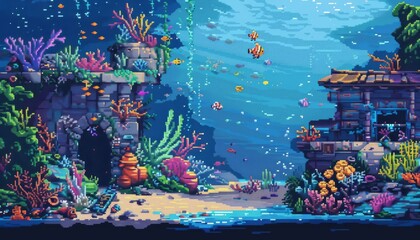 Pixel Art Coral Reef Underwater. Tropical Pixel Art Ocean World