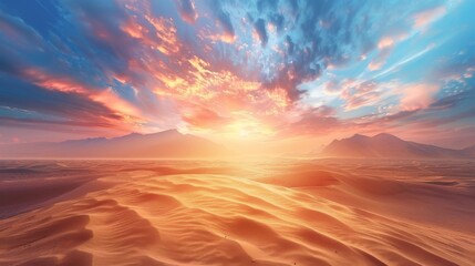 Obraz premium Sunset Over a Desert Landscape With Rolling Dunes and Mountains