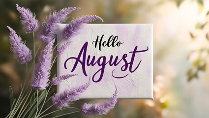 Elegant purple cursive script reads Hello August