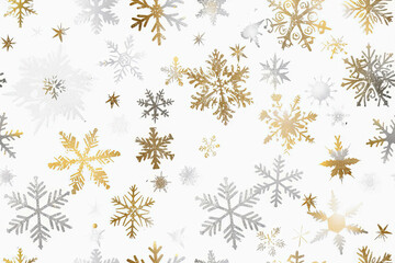 A seamless pattern featuring gold and silver snowflakes on a white background, creating an elegant and festive design ideal for holiday decorations and seasonal projects.