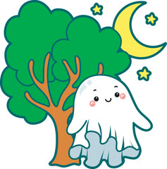Illustration of cute white ghost icon.
Funny white ghost in activities stickers.
A cute white ghost in front of tree and moon