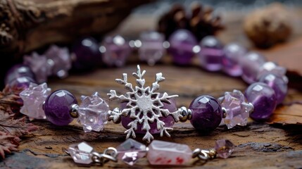 Silver snowflake charm on amethyst and pink quartz bracelet