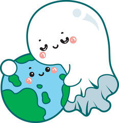 Illustration of cute white ghost icon.
Funny white ghost in activities stickers.
A cute white ghost saving earth