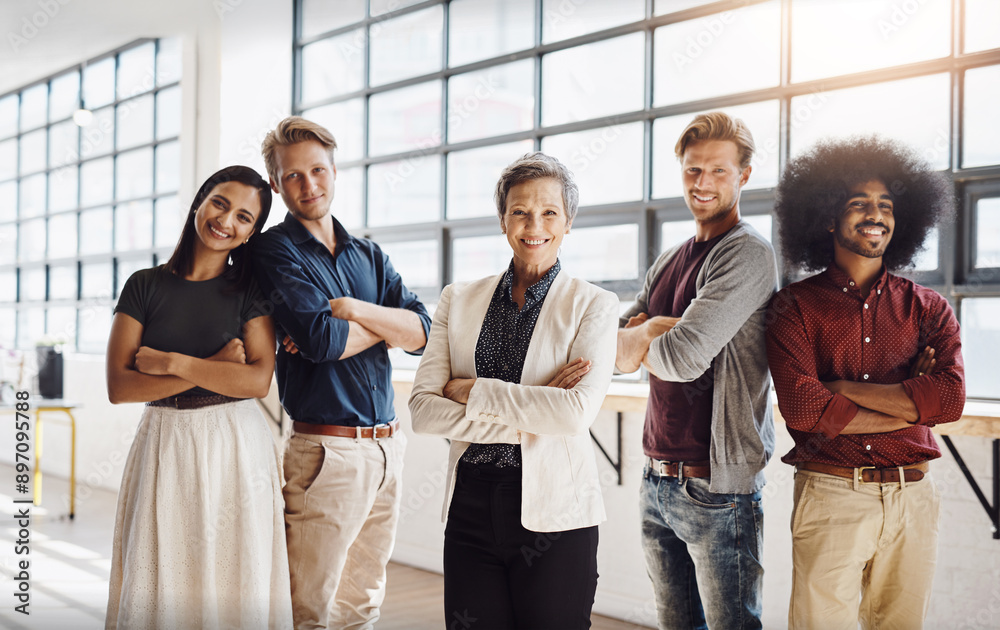 Wall mural Business people, group portrait and arms crossed for creative collaboration, trust and diversity in office. Design employees, women and men with pride for solidarity, about us and workplace inclusion