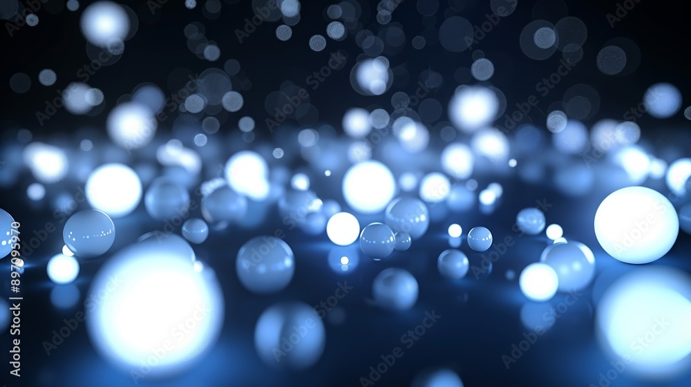 Wall mural luminous spheres floating over a blue surface with a multitude of blurry bokeh in an abstract backgr