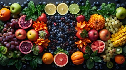 Array of colorful fruits and vegetables mandala pattern psychedelic vibrant hues intricate detail