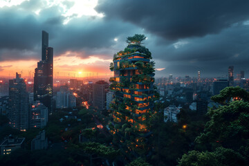 Obraz premium Emerald Towers: A Symphony of Nature and Urbanity - Generative AI
