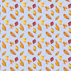Autumn seamless pattern with watercolor leaves, repeat floral texture, background hand drawing. Perfectly for wrapping paper, wallpaper, fabric, texture and other printing.