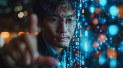 A man wearing glasses is pointing at a computer screen with a blue and orange background. Concept of curiosity and interest in the digital world