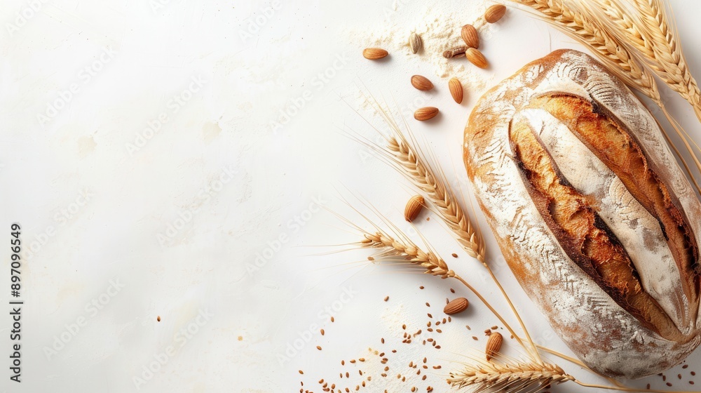 Poster a freshly baked loaf of wheat bread sits on a white background with sprigs of wheat and almonds scat
