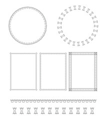 Set of abstract decorative elements: frames and lines. Black line stylish design with crowns. Square and round frames.