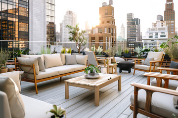 A modern terrace with comfortable lounge furniture and city views, perfect for relaxation and enjoying outdoor living.