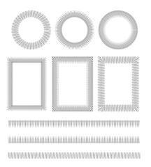 Set of abstract decorative elements: frames and lines. Black line stylish design with dots. Square and round frames.