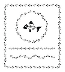 Dead fish skeletons. Set of tatto ornament with skeleton charachter. Decorative frames and lines.