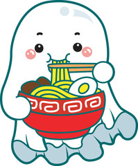 Illustration of cute white ghost icon.
Funny white ghost in activities stickers.
A cute white ghost eating rame.