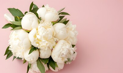 White Peony Bouquet on Pink Background , Generative AI