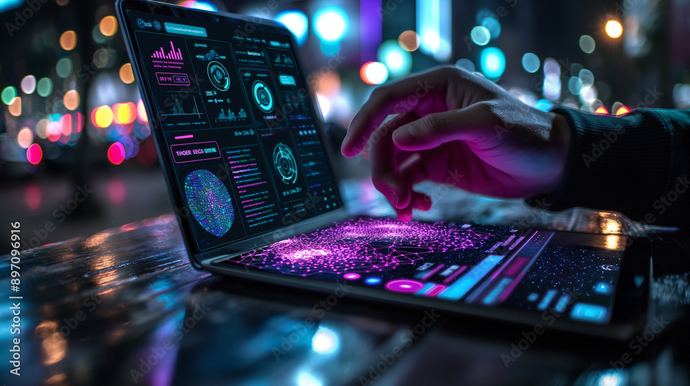 Poster a person is using a laptop with a glowing screen that has a lot of numbers and graphs. the laptop is