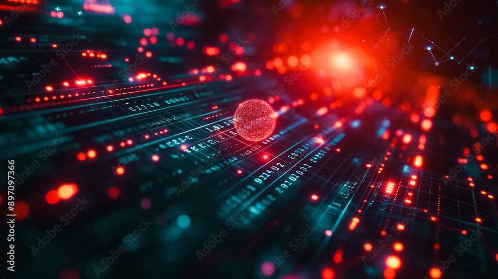 Poster overlay of data processing graphics and financial diagrams on a stock market background, emphasizing