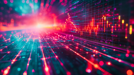 Overlay of data processing graphics and financial diagrams on a stock market background, emphasizing market analysis.