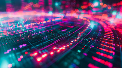 Overlay of data processing graphics and financial diagrams on a stock market background, emphasizing market analysis.