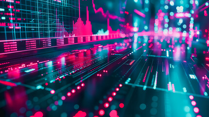 Overlay of data processing graphics and financial diagrams on a stock market background, emphasizing market analysis.