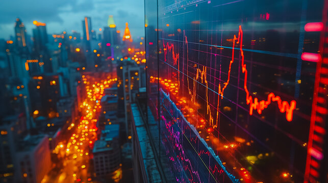 Dynamic stock market scene featuring data processing elements and diagrams, representing financial data analysis and trends.