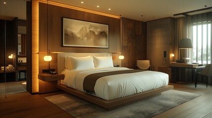 luxury and spacious hotel room interior with a big cozy bed and sot lightning