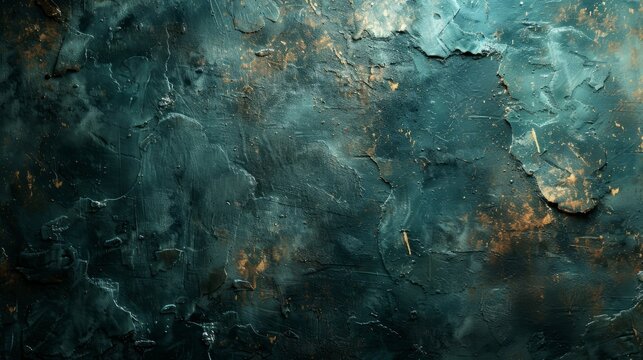 The grunge teal wall texture is accentuated by striking metallic accents that add depth and dimension