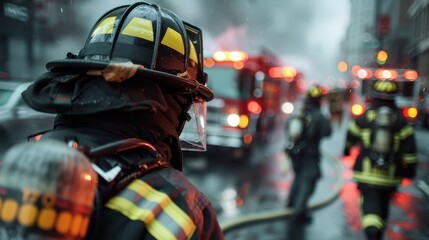 Obraz premium A firefighter clad in protective gear and helmet, actively engaged in firefighting amidst an urban blaze with hoses and engines. Captures bravery and high-risk emergency services.