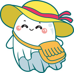 Illustration of cute white ghost icon.
Funny white ghost in activities stickers.
A cute white ghost wearing beach costume with bag and hat