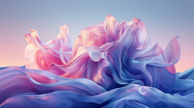 Abstract silk fabric creating a dreamy flower shape with flowing colors in the background