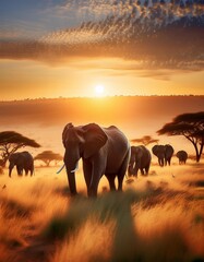 Fototapeta premium Majestic banner with elephants roaming the African savannah at sunrise.