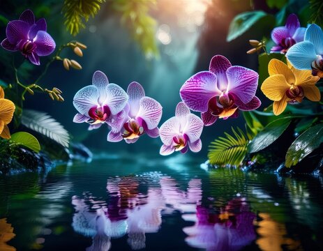 Lush tropical banner with vibrant wild orchids floating on a dark forest background