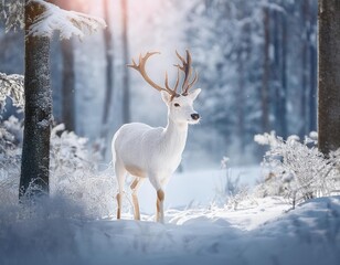 Obraz premium A white deer moves gracefully through a snow-covered forest