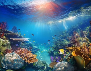 Fototapeta premium A vibrant underwater banner featuring a vibrant coral reef with a variety of marine life.