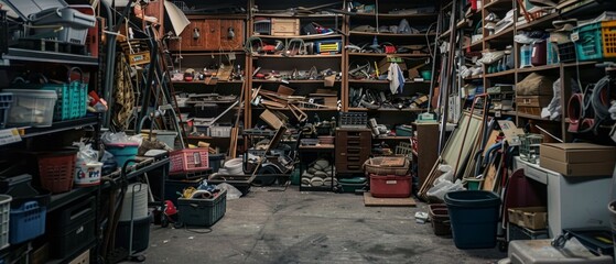 A cluttered room with shelves full of various items like suitcases, bicycles, and books. Dim lighting accentuates the messy, disorganized atmosphere, indicating a need for reorganization.