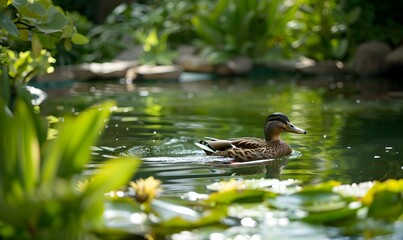 Wild Duck in Lush Garden,  Generative AI