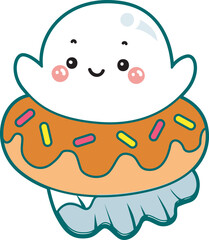 Illustration of cute white ghost icon.
Funny white ghost in activities stickers.
A cute white ghost in the middle of donut
