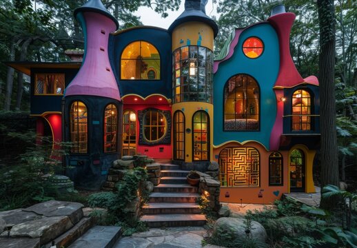 A whimsical funhouse with a mirror maze and playful exterior