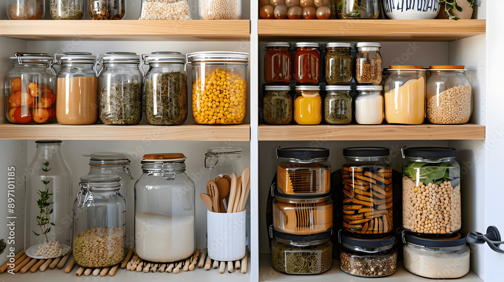 Fototapete simple and organized pantry with neatly arranged containers and labeled jars