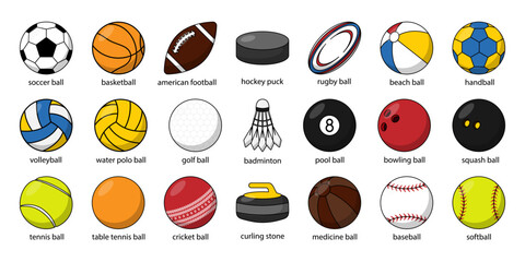 Types of sports balls such as soccer, basketball, volleyball, football, rugby and so on. Vector set of sports balls showcases the diversity of sports, perfect for athletic designs. Sport equipment.